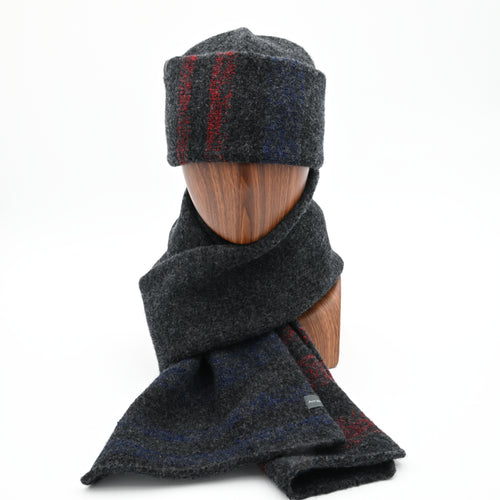 Manny Tri-stripe scarf and Beanie set on a wooden block