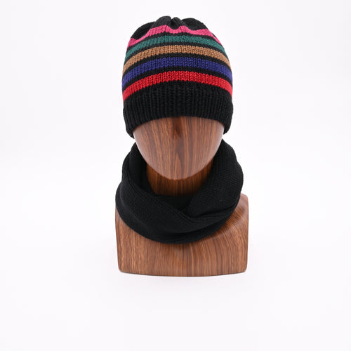 Classic No.1 Stripe Beanie with Pitch Black Infinity Scarf (Front)