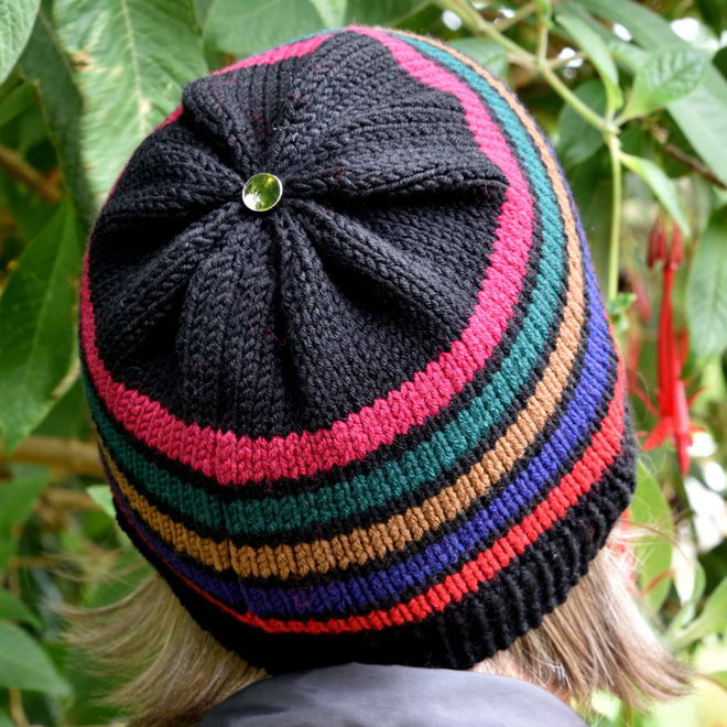 Model is wearing a Stripe No1 Francoise classics beanie. Back/top
