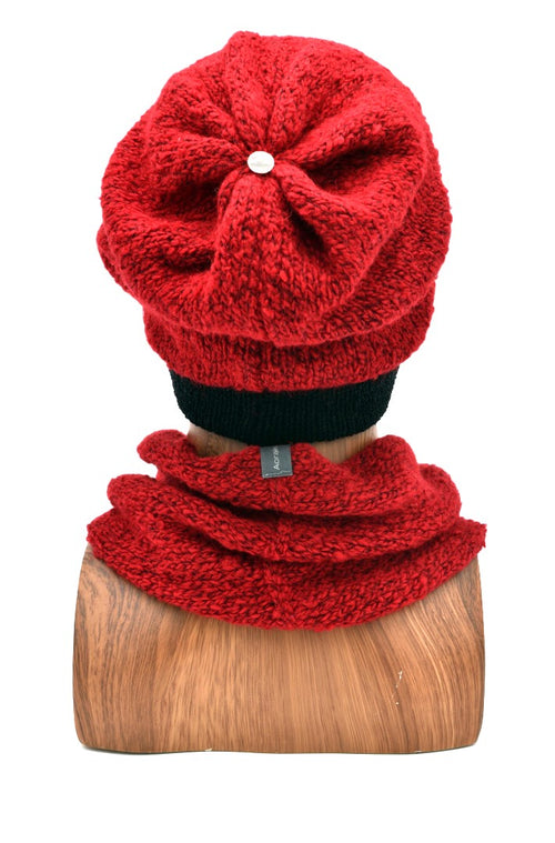 Back view of a Mannequin wearing a Berry Back view Queenstown Slouchy and matching Cowl Combo.