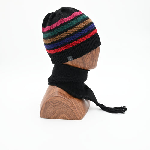 Profile view of a Stripe #1 beanie.  This Francoise classics beanie is matched with a Pitch Black Soho scarf