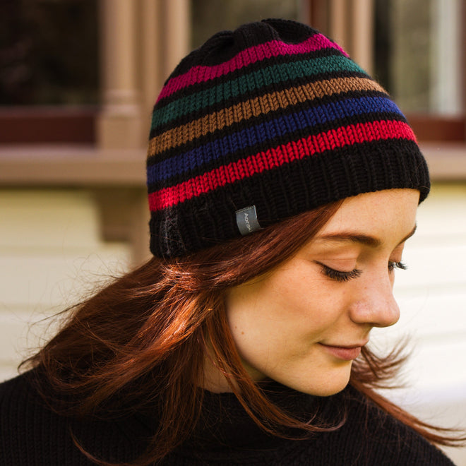 Model wearing No.1 Stripe Classic Beanie (Profile)