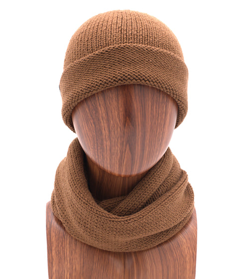 Front view of Nutmeg Cuffed Beanie with matching scarf