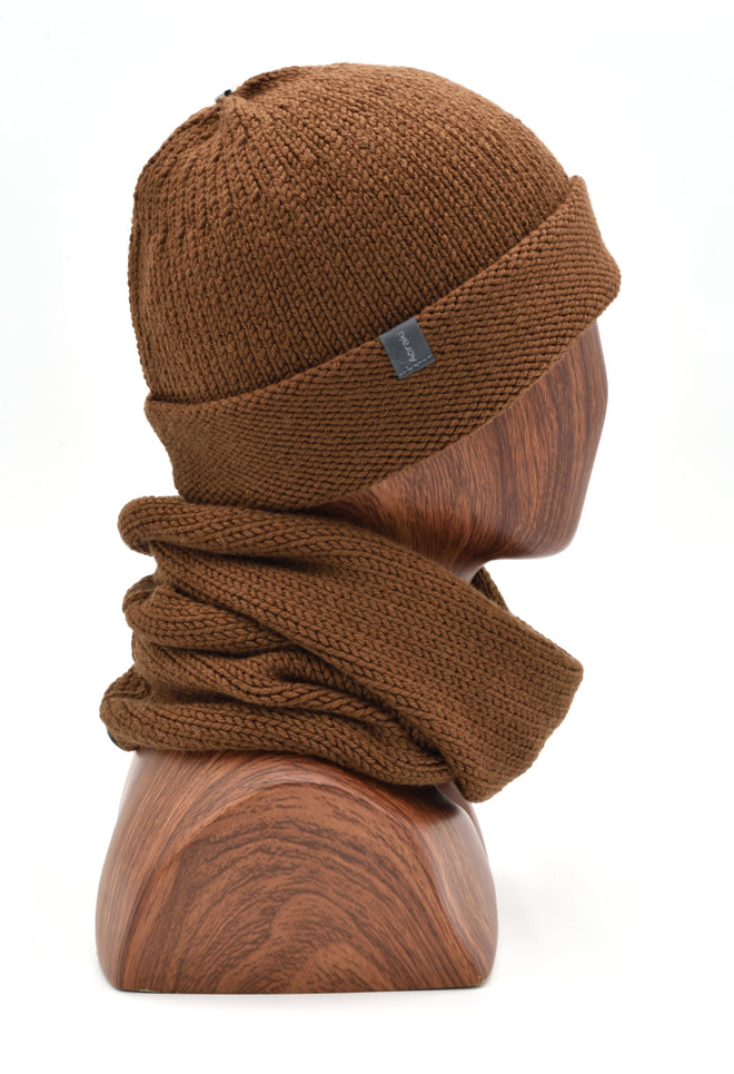 Profile of a Nutmeg cuffed beanie and matching scarf